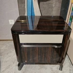 Striped Natural Wood Veneer Nightstand with Woven Leather Accents